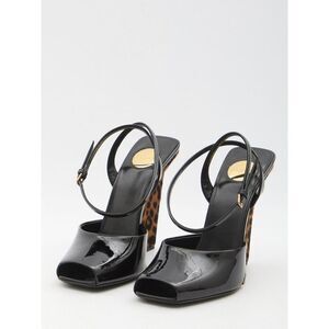 SAINT LAURENT Patent Leather Ankle Strap Heeled Sandals Women BLACK